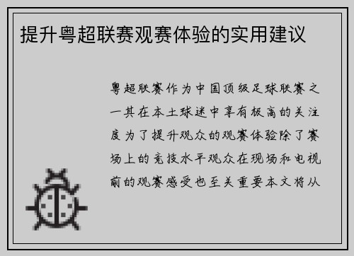 提升粤超联赛观赛体验的实用建议 提升粤超联赛观赛体验的实用建议